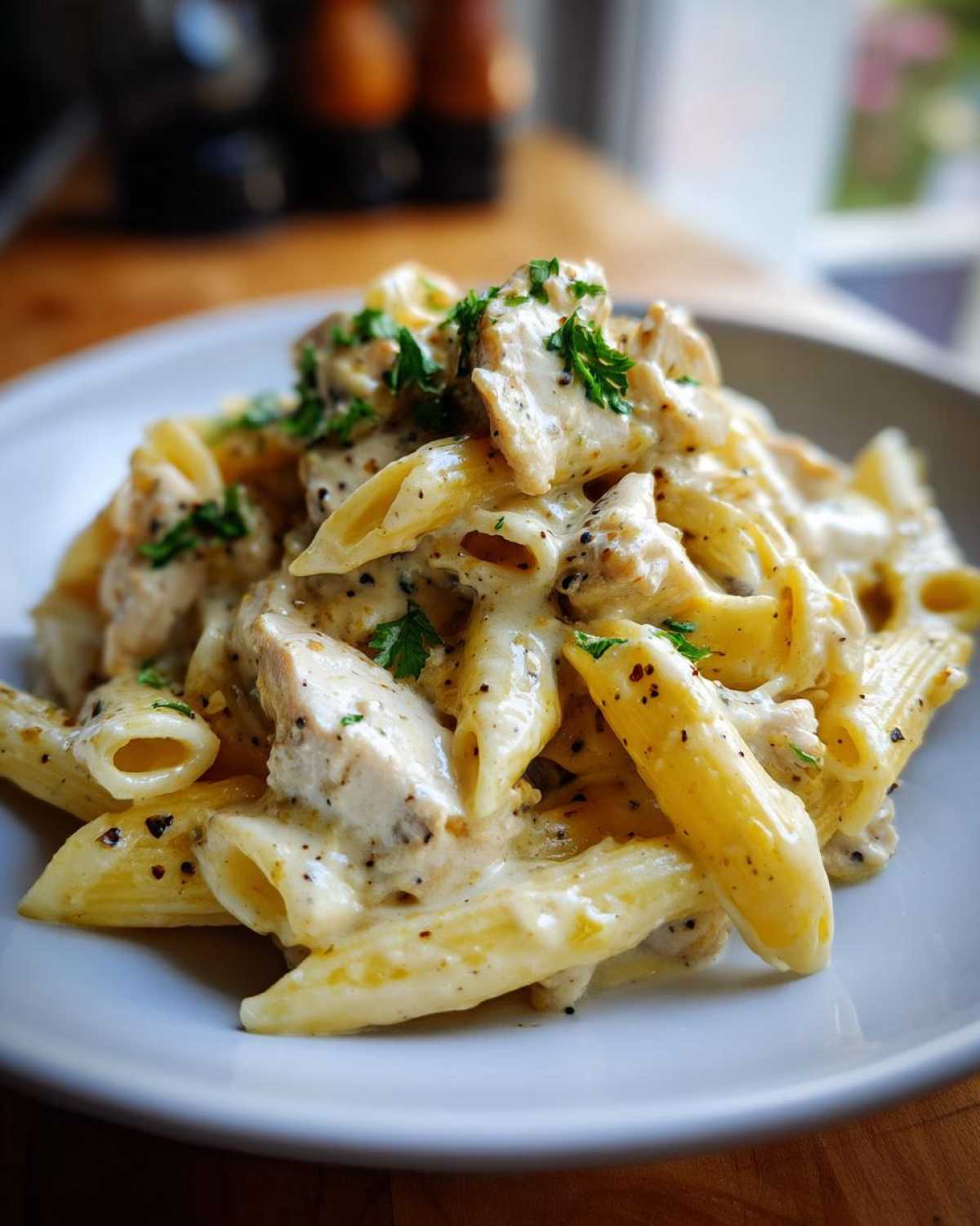 Close-up of a serving of One-Pot Creamy Lemon Pepper Chicken Pasta with penne and chunks of chicken.