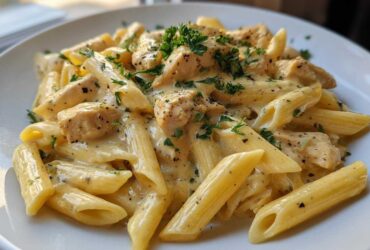 A close-up of a serving of One-Pot Creamy Lemon Pepper Chicken Pasta with penne, chicken chunks, and fresh parsley garnish.