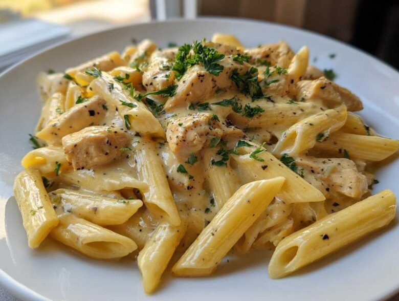 A close-up of a serving of One-Pot Creamy Lemon Pepper Chicken Pasta with penne, chicken chunks, and fresh parsley garnish.