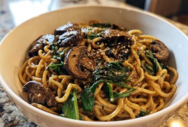 Close-up of One-Pot Creamy Mushroom Spinach Ramen noodles coated in sauce, topped with sliced mushrooms and sesame seeds.