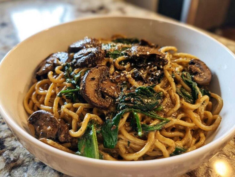 Close-up of One-Pot Creamy Mushroom Spinach Ramen noodles coated in sauce, topped with sliced mushrooms and sesame seeds.