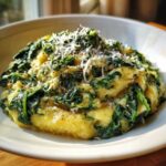 Close-up of One-Pot Creamy Spinach Parmesan Polenta topped with grated Parmesan cheese and black pepper.