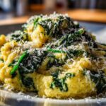 A close-up of creamy yellow polenta mixed with wilted spinach and topped generously with grated Parmesan cheese.