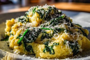 A close-up of creamy yellow polenta mixed with wilted spinach and topped generously with grated Parmesan cheese.