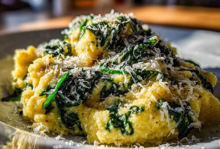 A close-up of creamy yellow polenta mixed with wilted spinach and topped generously with grated Parmesan cheese.