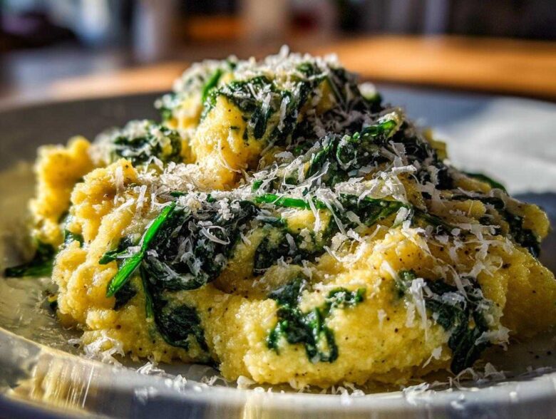 A close-up of creamy yellow polenta mixed with wilted spinach and topped generously with grated Parmesan cheese.