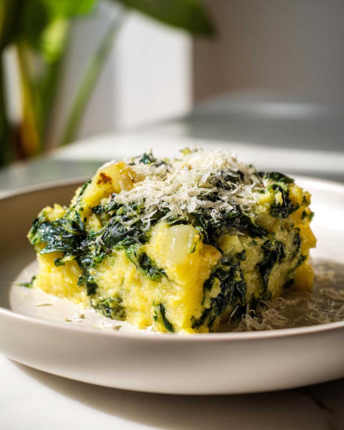 A square serving of One-Pot Creamy Spinach Parmesan Polenta topped with grated cheese on a light plate.