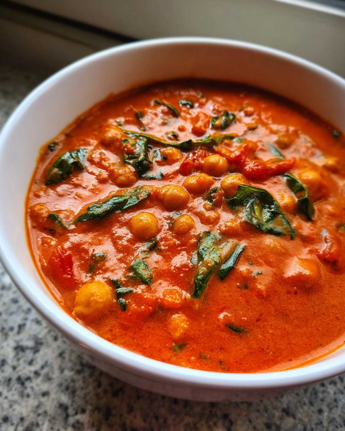 A close-up of a bowl filled with rich, creamy One-Pot Creamy Tomato Basil Chickpea Stew, featuring chickpeas and wilted spinach.