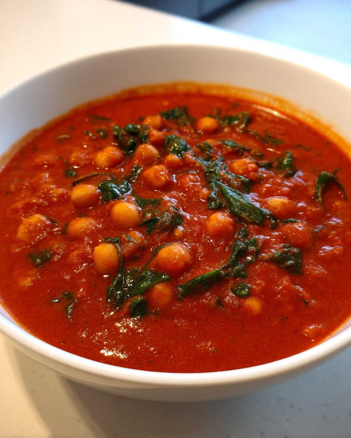A close-up view of rich, red One-Pot Creamy Tomato Basil Chickpea Stew with visible chickpeas and wilted spinach.