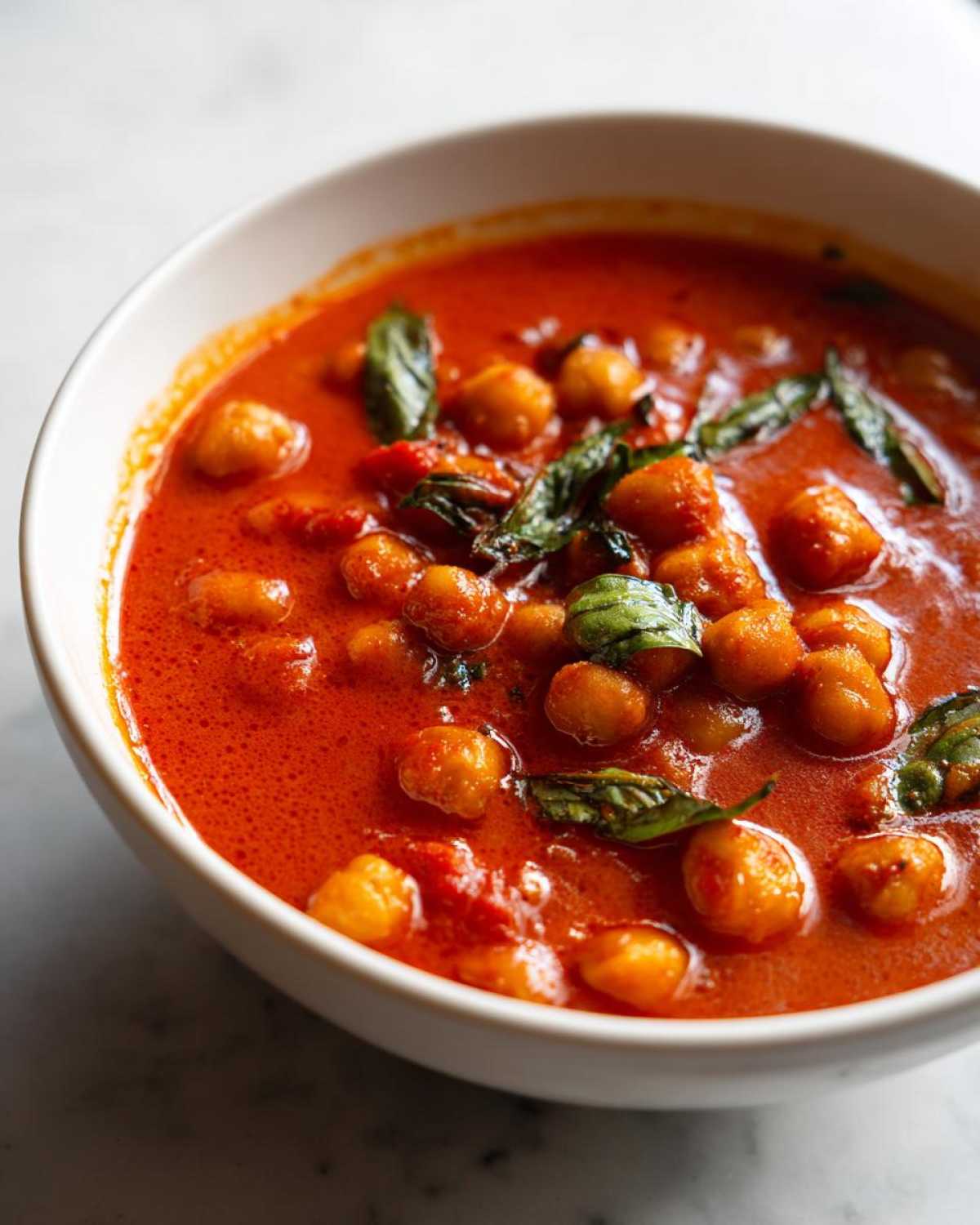A close-up of a white bowl filled with vibrant red One-Pot Creamy Tomato Basil Chickpea Stew, garnished with fresh basil leaves.