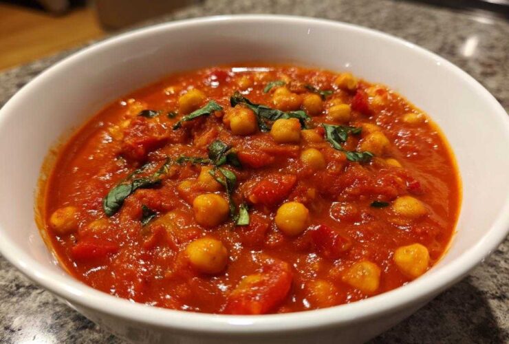 A close-up of a white bowl filled with rich, red One-Pot Creamy Tomato Basil Chickpea Stew, garnished with fresh basil.