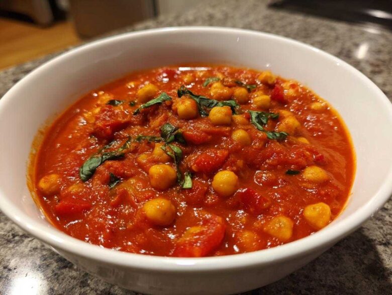 A close-up of a white bowl filled with rich, red One-Pot Creamy Tomato Basil Chickpea Stew, garnished with fresh basil.