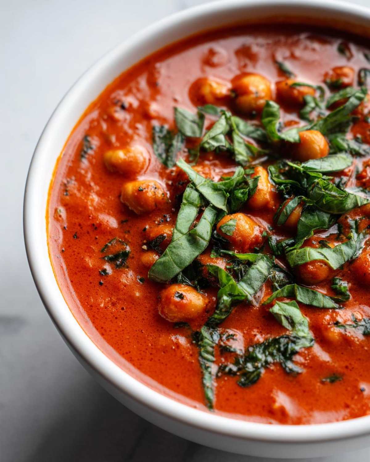 Close-up of a white bowl filled with vibrant One-Pot Creamy Tomato Basil Chickpea Stew, topped with fresh basil.