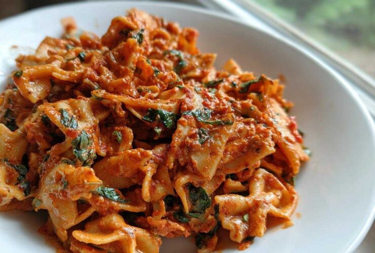 Close-up of One-Pot Creamy Tomato Basil Tortilla Pasta featuring farfalle pasta coated in a rich, creamy tomato sauce with visible basil.