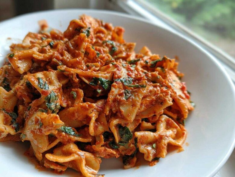 Close-up of One-Pot Creamy Tomato Basil Tortilla Pasta featuring farfalle pasta coated in a rich, creamy tomato sauce with visible basil.