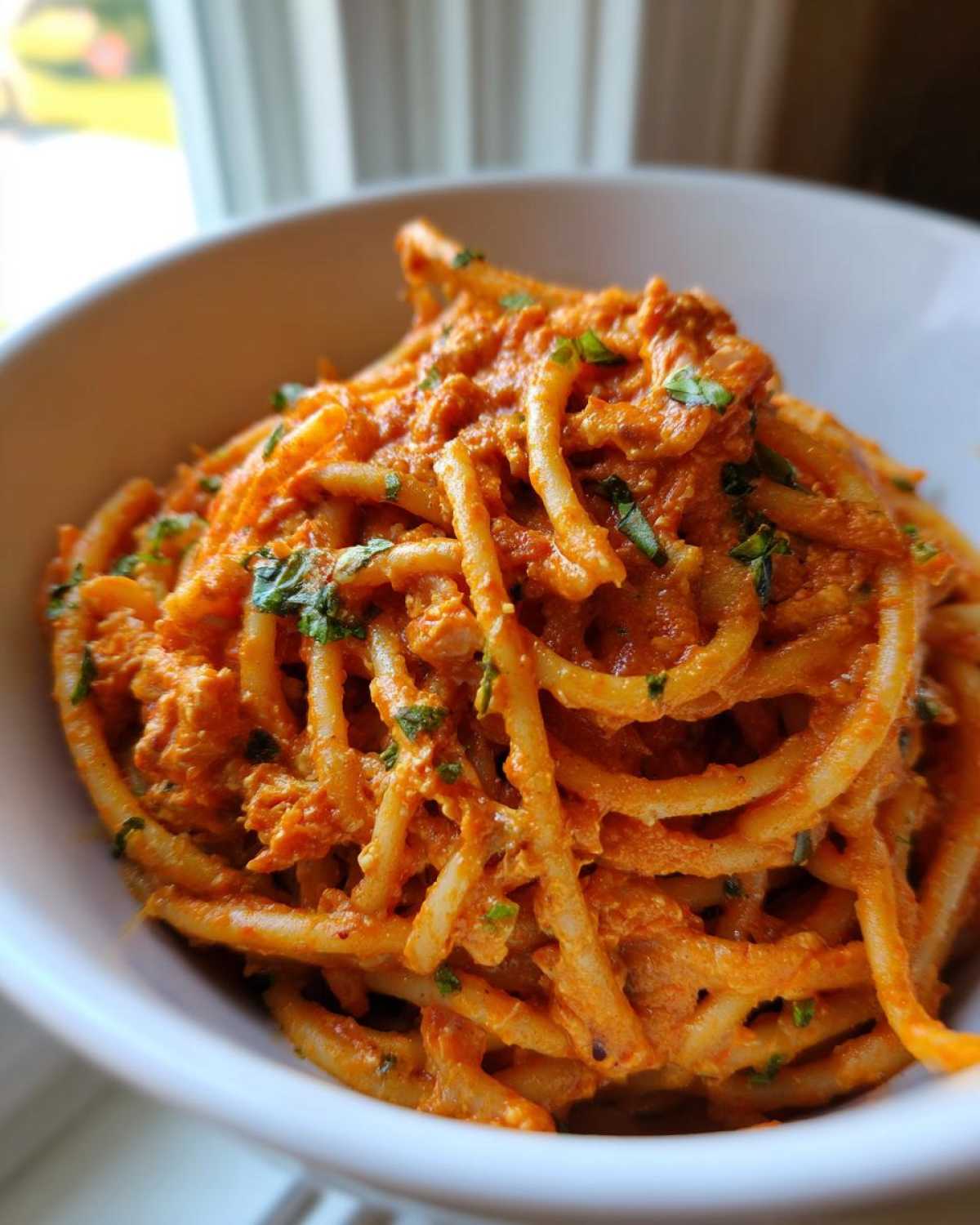 A close-up shot of thick pasta coated in a rich, creamy tomato basil sauce, served in a white bowl.