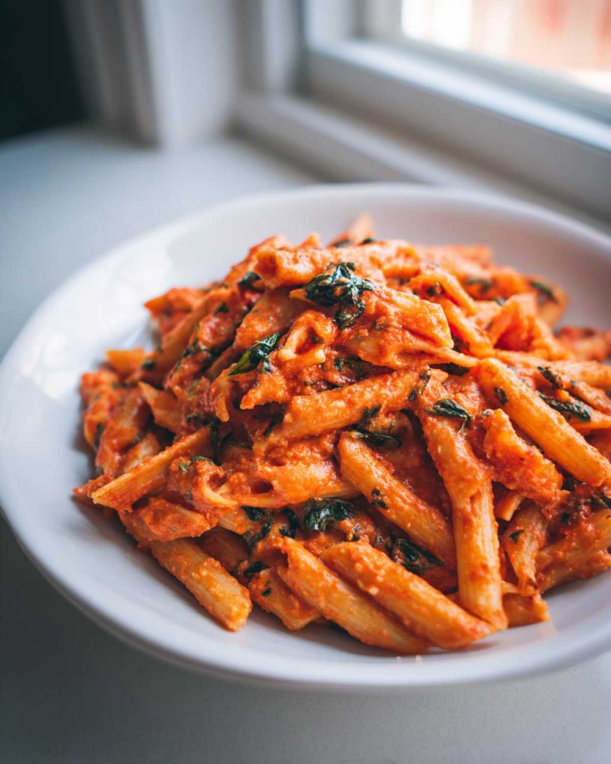 Close-up of a white bowl filled with One-Pot Creamy Tomato Basil Tortilla Pasta, featuring penne pasta coated in a rich, orange-red sauce with visible basil.