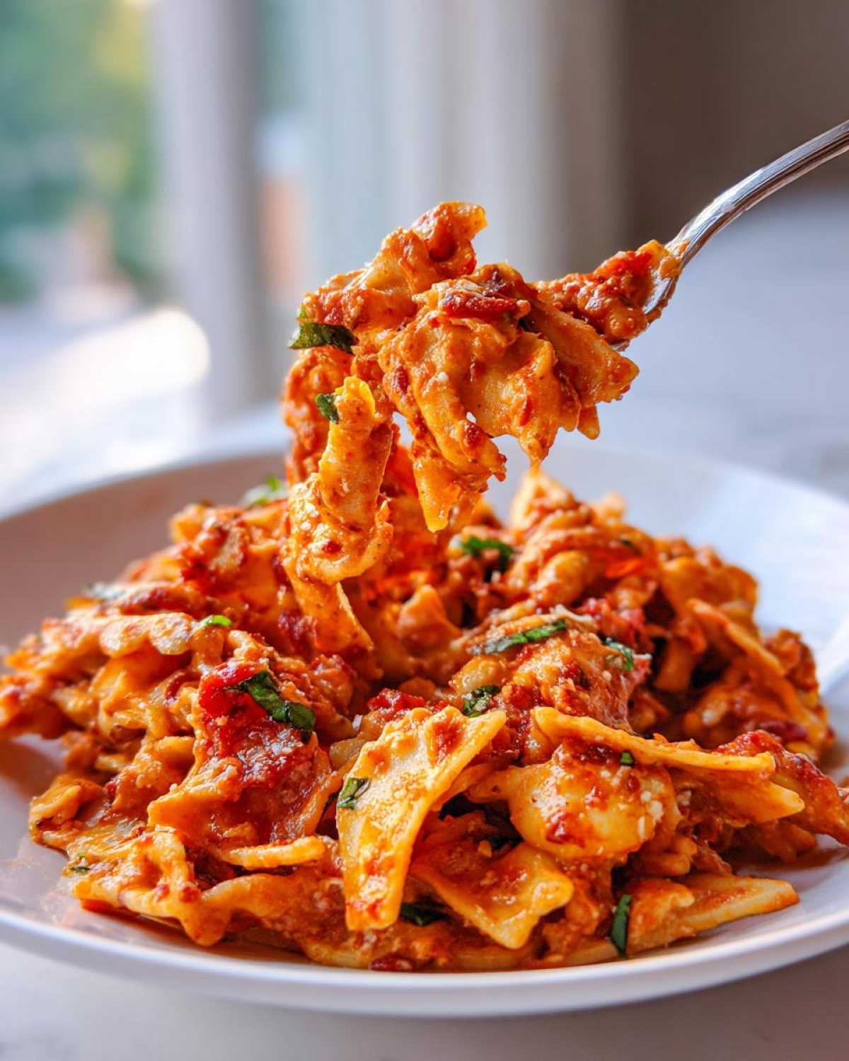 A fork lifting a generous bite of One-Pot Creamy Tomato Basil Tortilla Pasta from a white bowl.