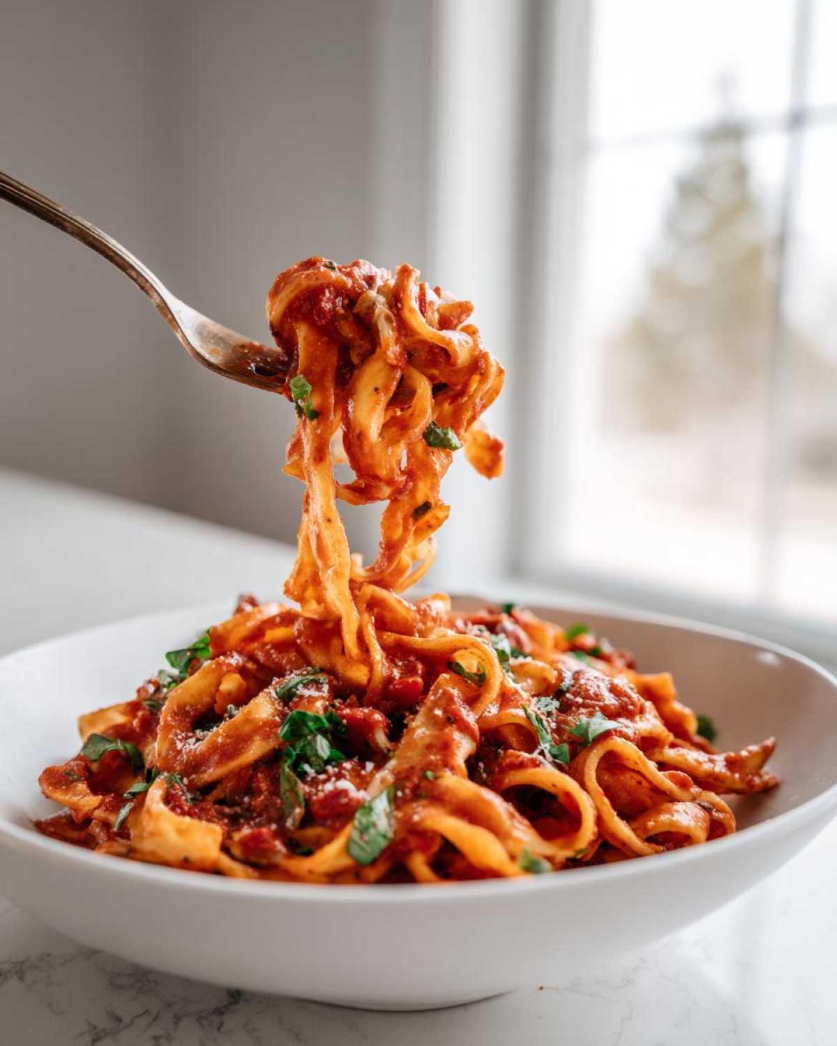 A fork lifts a twirl of creamy tomato basil tortilla pasta from a white bowl, showing rich sauce and basil.