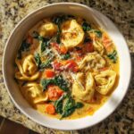 Close-up overhead view of a bowl of One-Pot Creamy Tortellini Minestrone soup with spinach, carrots, and grated cheese.