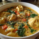 A close-up view of a white bowl filled with One-Pot Creamy Tortellini Minestrone, topped with Parmesan and cracked black pepper.