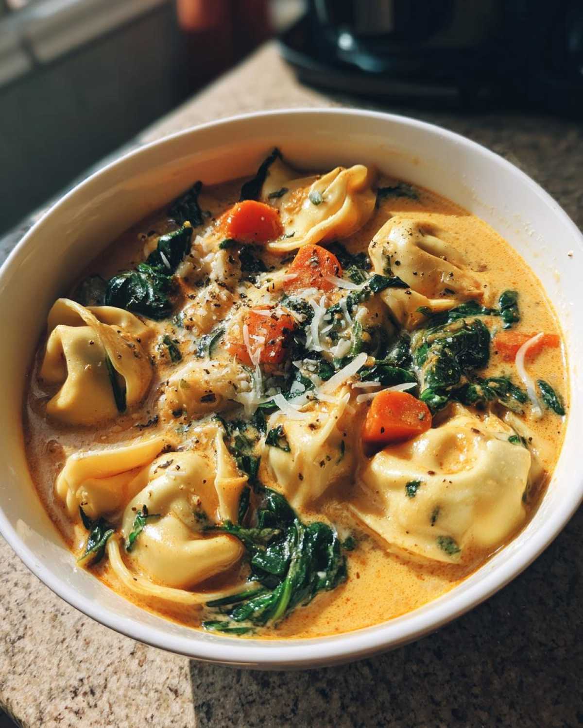 Close-up of a white bowl filled with One-Pot Creamy Tortellini Minestrone soup, featuring tortellini, spinach, carrots, and grated cheese.