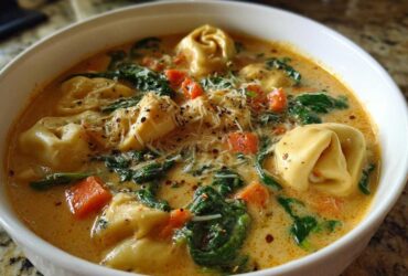 A close-up view of a white bowl filled with One-Pot Creamy Tortellini Minestrone, topped with Parmesan and cracked black pepper.