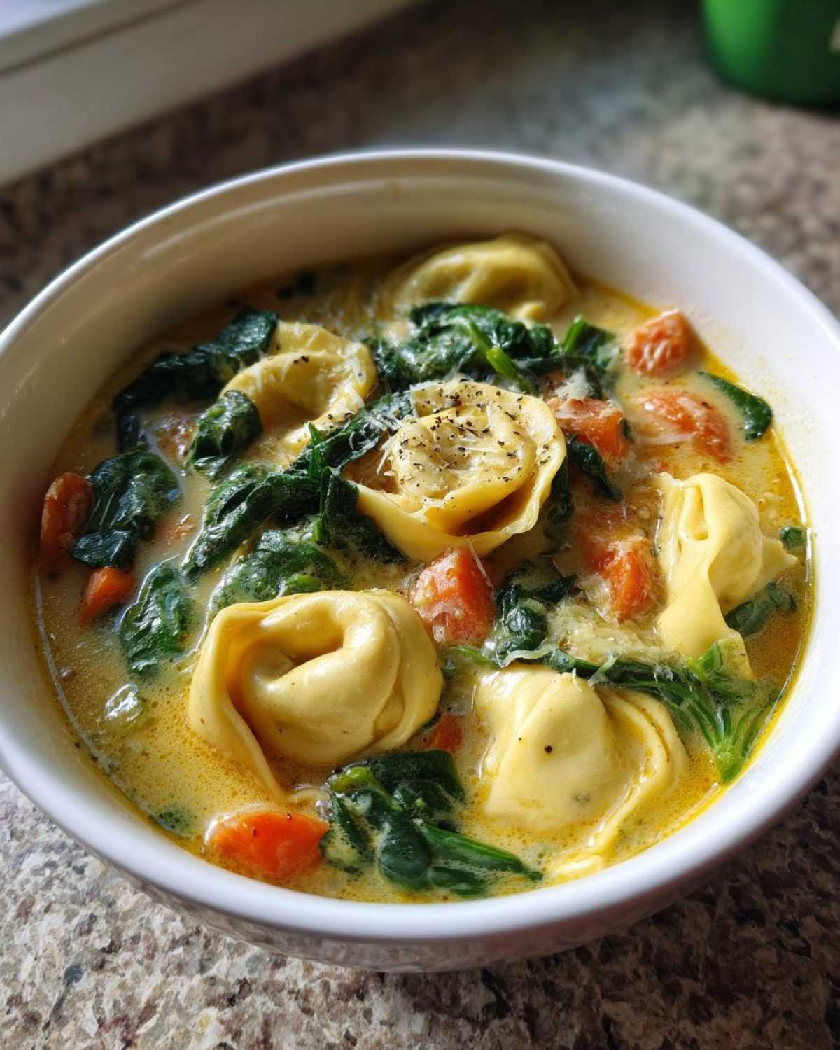 Close-up of a white bowl filled with One-Pot Creamy Tortellini Minestrone, featuring tortellini, spinach, and carrots in a rich broth.