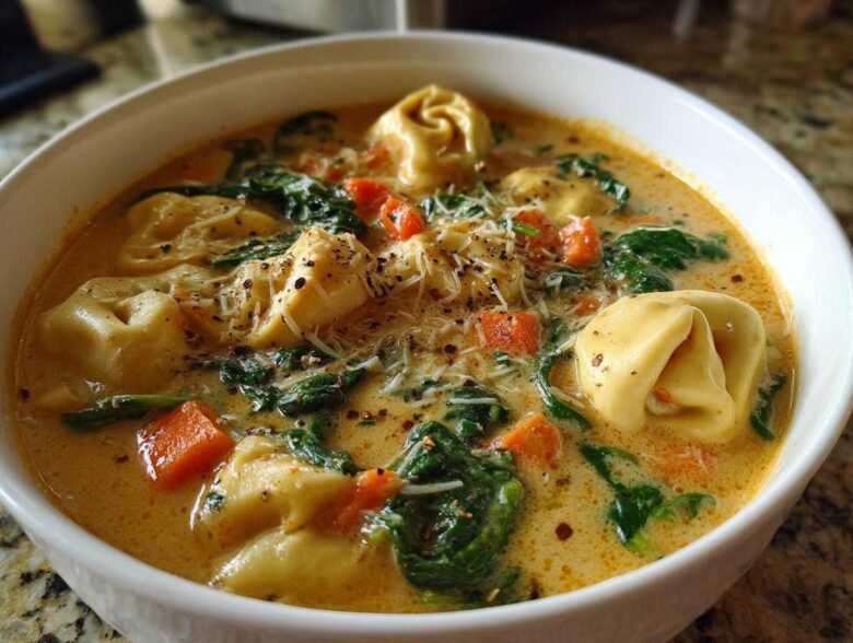 A close-up view of a white bowl filled with One-Pot Creamy Tortellini Minestrone, topped with Parmesan and cracked black pepper.