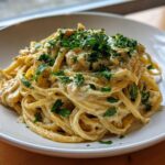 A close-up of One-Pot Creamy White Bean Lemon Pasta served in a white bowl, topped with fresh parsley.