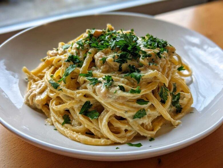 A close-up of One-Pot Creamy White Bean Lemon Pasta served in a white bowl, topped with fresh parsley.