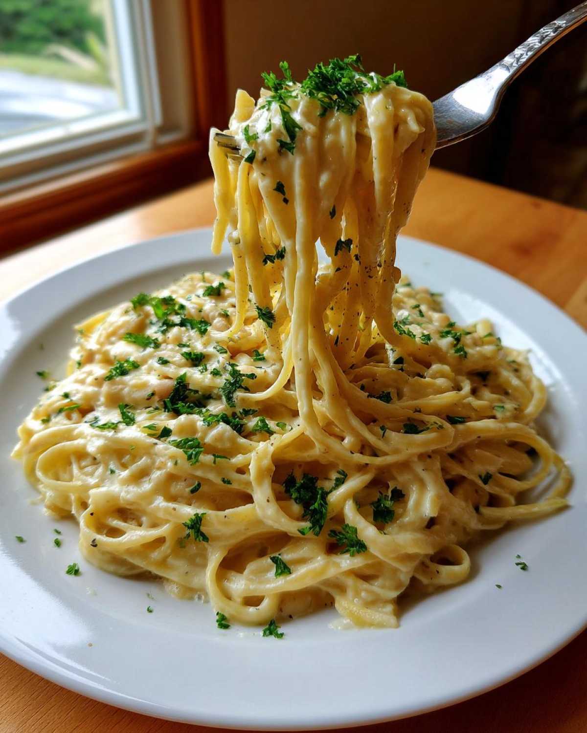 A fork lifting strands of creamy One-Pot Creamy White Bean Lemon Pasta topped with fresh parsley.