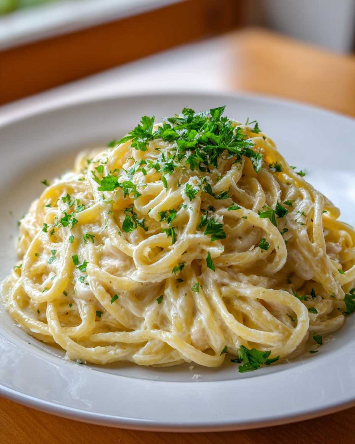 Close-up of One-Pot Creamy White Bean Lemon Pasta tossed in a rich sauce and topped with fresh parsley.
