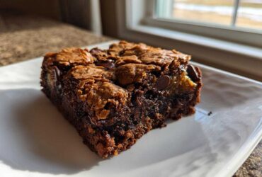 A single, rich, dark chocolate Ooey Gooey Bar with a crackly top and visible chocolate chips, resting on a white plate.