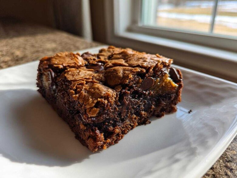 A single, rich, dark chocolate Ooey Gooey Bar with a crackly top and visible chocolate chips, resting on a white plate.