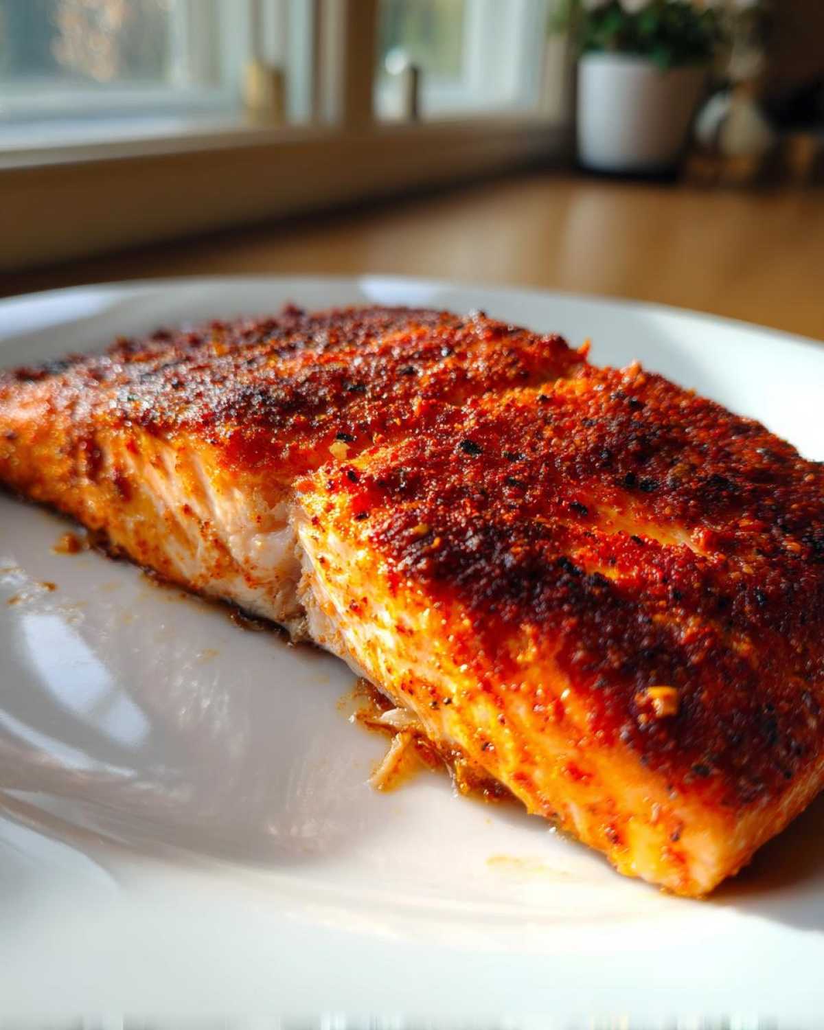 Close-up of a richly seasoned Oven Baked Cajun Salmon fillet resting on a white plate, showing flaky texture.