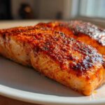 Close-up of two perfectly cooked Oven Baked Cajun Salmon fillets with a rich, spicy red crust on a white plate.