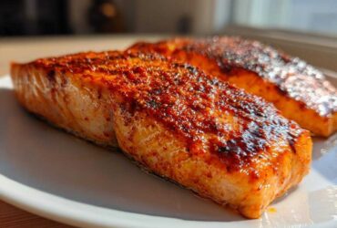 Close-up of two perfectly cooked Oven Baked Cajun Salmon fillets with a rich, spicy red crust on a white plate.