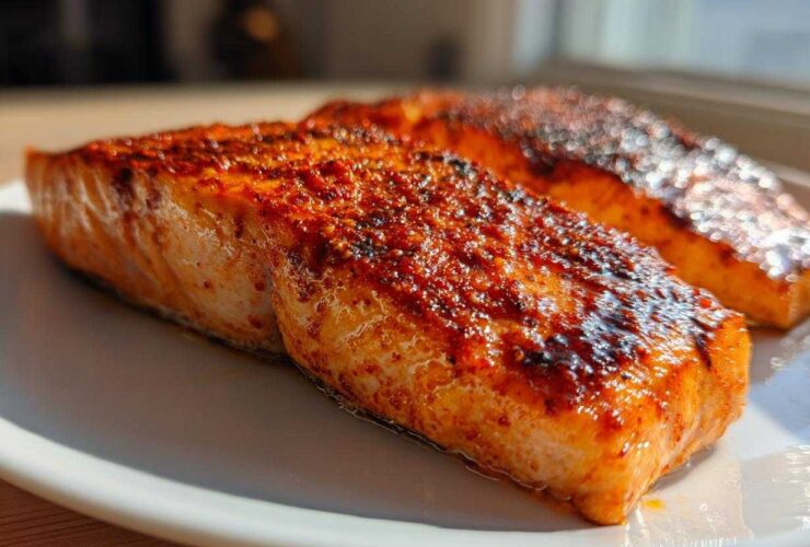 Close-up of two perfectly cooked Oven Baked Cajun Salmon fillets with a rich, spicy red crust on a white plate.