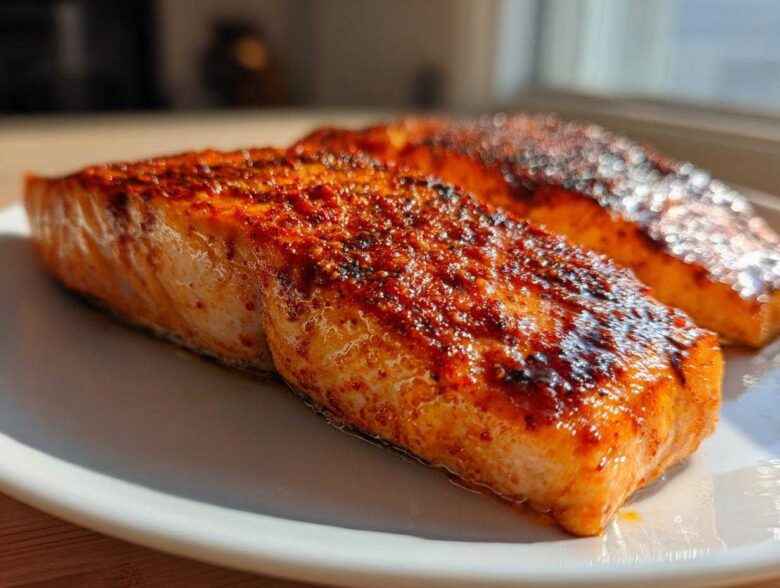 Close-up of two perfectly cooked Oven Baked Cajun Salmon fillets with a rich, spicy red crust on a white plate.