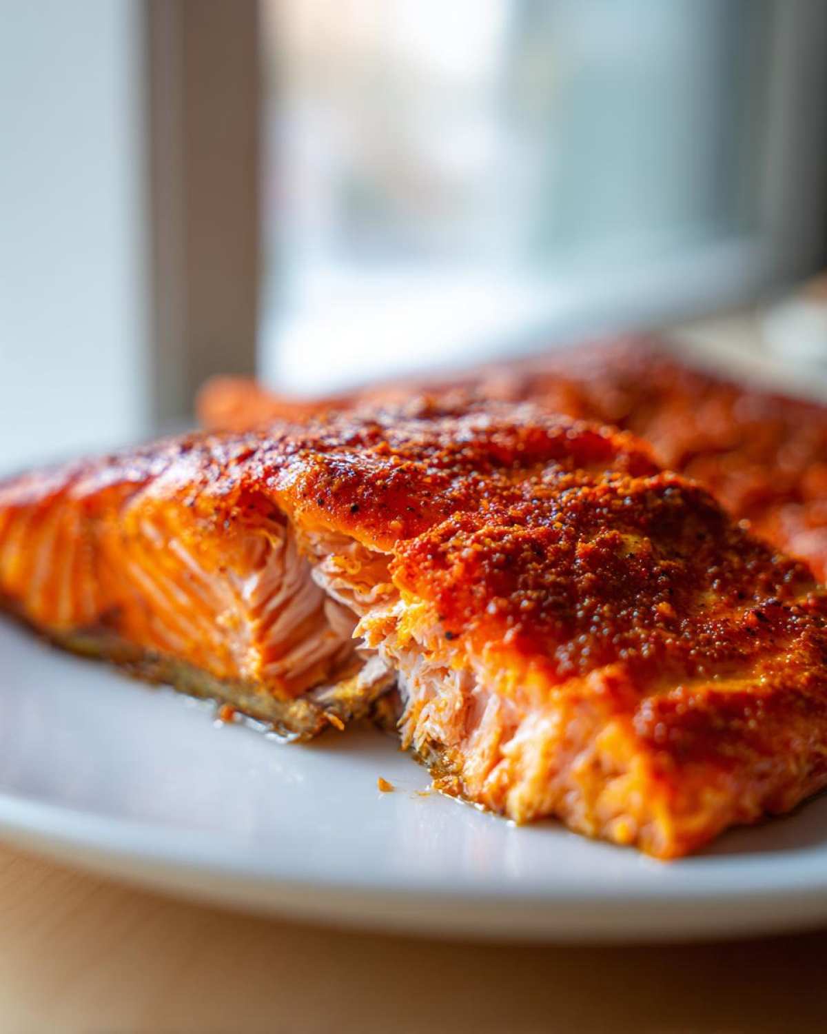 Close-up of a perfectly cooked Oven Baked Cajun Salmon fillet, showing flaky texture and bright red seasoning.