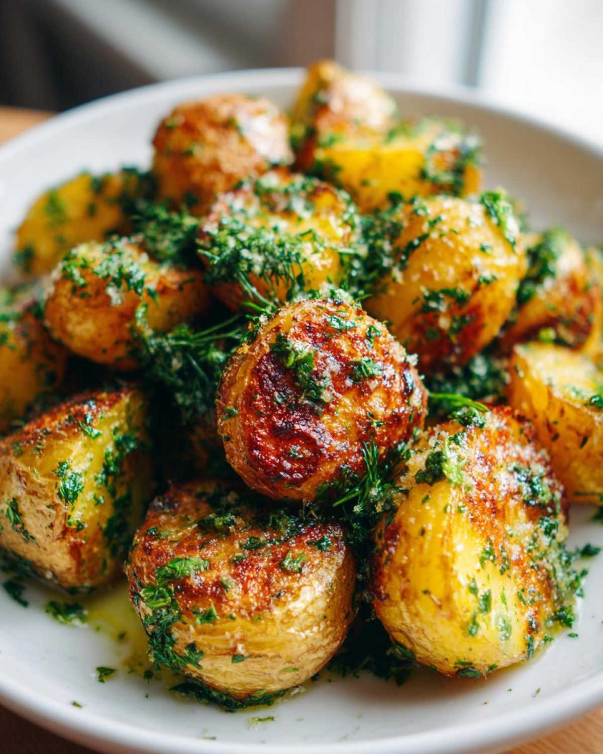 Close-up of golden, crispy Parmesan Herb Roasted Potatoes tossed with fresh green herbs.