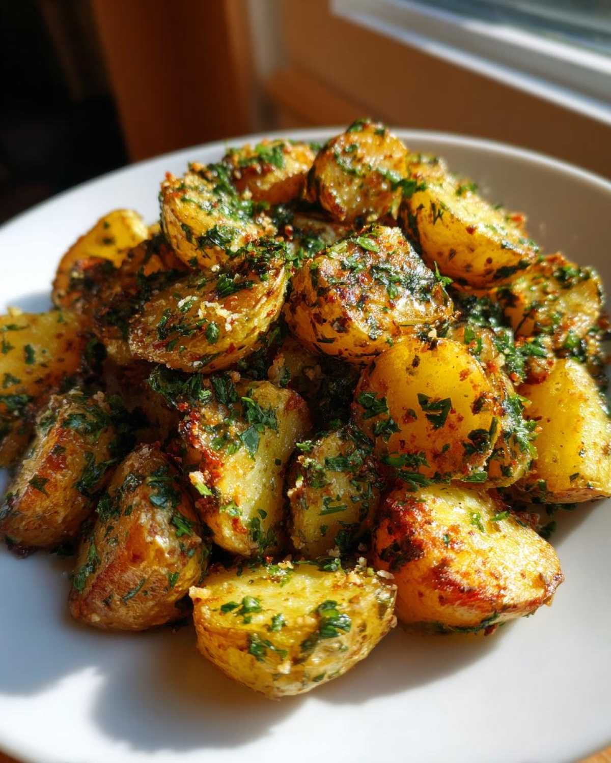 A close-up of golden, crispy Parmesan Herb Roasted Potatoes generously topped with fresh green herbs.