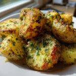 Close-up of golden Parmesan Herb Roasted Potatoes seasoned heavily with green herbs, served on a white plate.