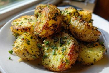 Close-up of golden Parmesan Herb Roasted Potatoes seasoned heavily with green herbs, served on a white plate.
