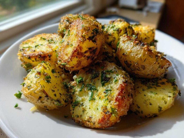 Close-up of golden Parmesan Herb Roasted Potatoes seasoned heavily with green herbs, served on a white plate.