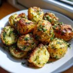A plate of golden brown Parmesan Herb Roasted Potatoes tossed with fresh green herbs.