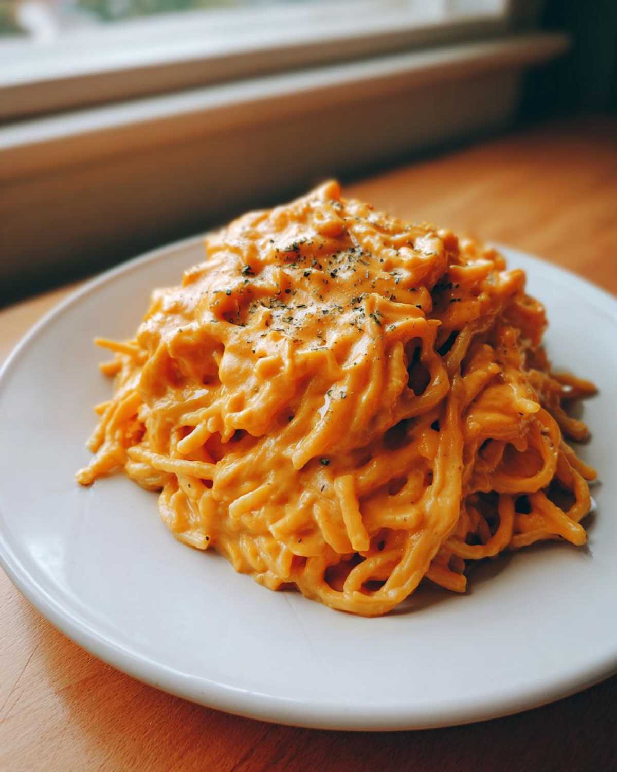 A serving of pasta generously coated in bright orange Vegan Creamy Sweet Potato Mac Sauce, sprinkled with herbs.