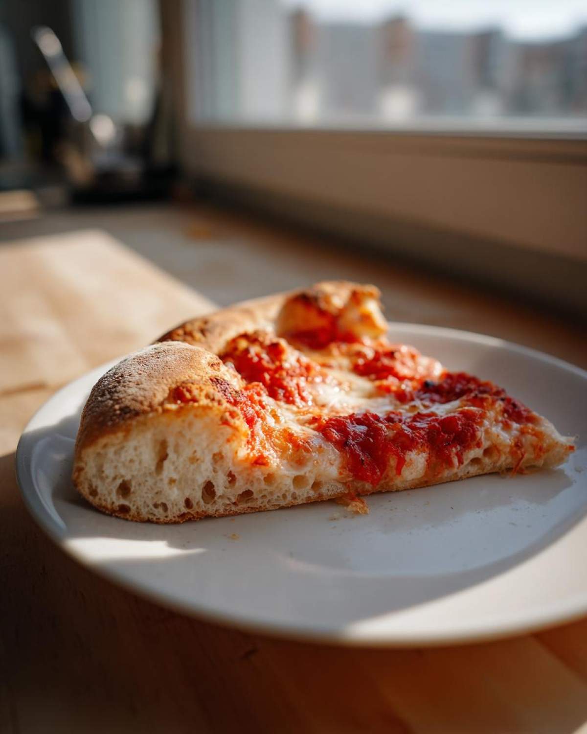 A close-up of a slice of homemade pizza showing the airy, bubbly crust and bright red sauce, illustrating Secrets to Perfect Pizza at Home.