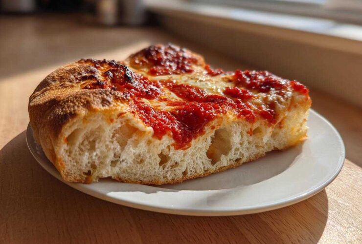 A thick slice of homemade pizza showing an airy, bubbly crust topped with bright red sauce and melted cheese, illustrating Secrets to Perfect Pizza at Home.